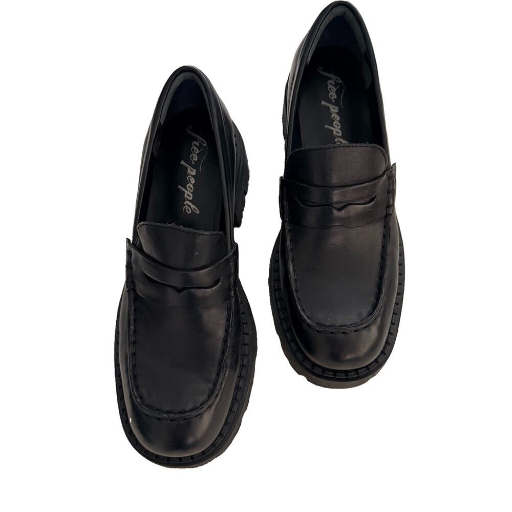 New Free People Lyra Lug Sole Loafers Black Leather Platform 37.5 US 7.5